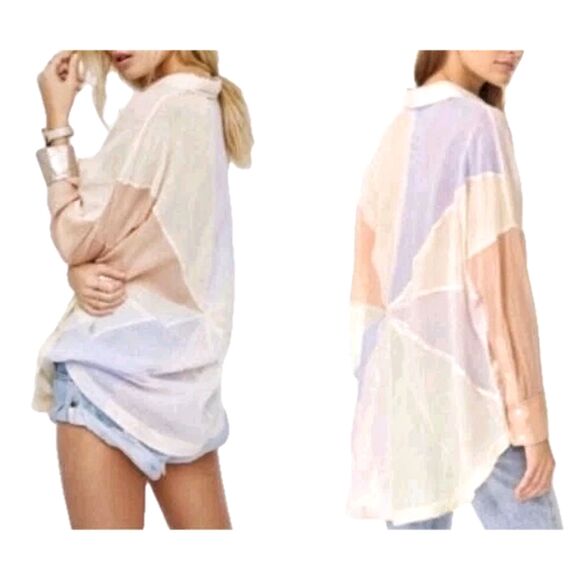 FREE PEOPLE Gauzey Cotton Multi Color Pin Wheel Button Up Resort Shirt, Sz. M/L - Picture 1 of 10